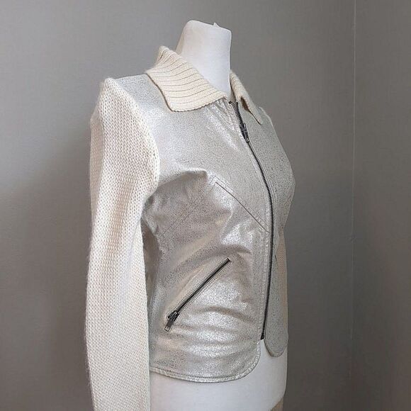 Phosphorus Leather Jacket Knit Sleeves Wool Blend Silver Zippers Size Small - Picture 4 of 12